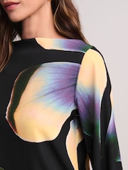 Black/Purple Floral Print Long Sleeve Gathered Sides Blouse - Image 4 of 6