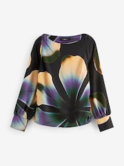 Black/Purple Floral Print Long Sleeve Gathered Sides Blouse - Image 5 of 6