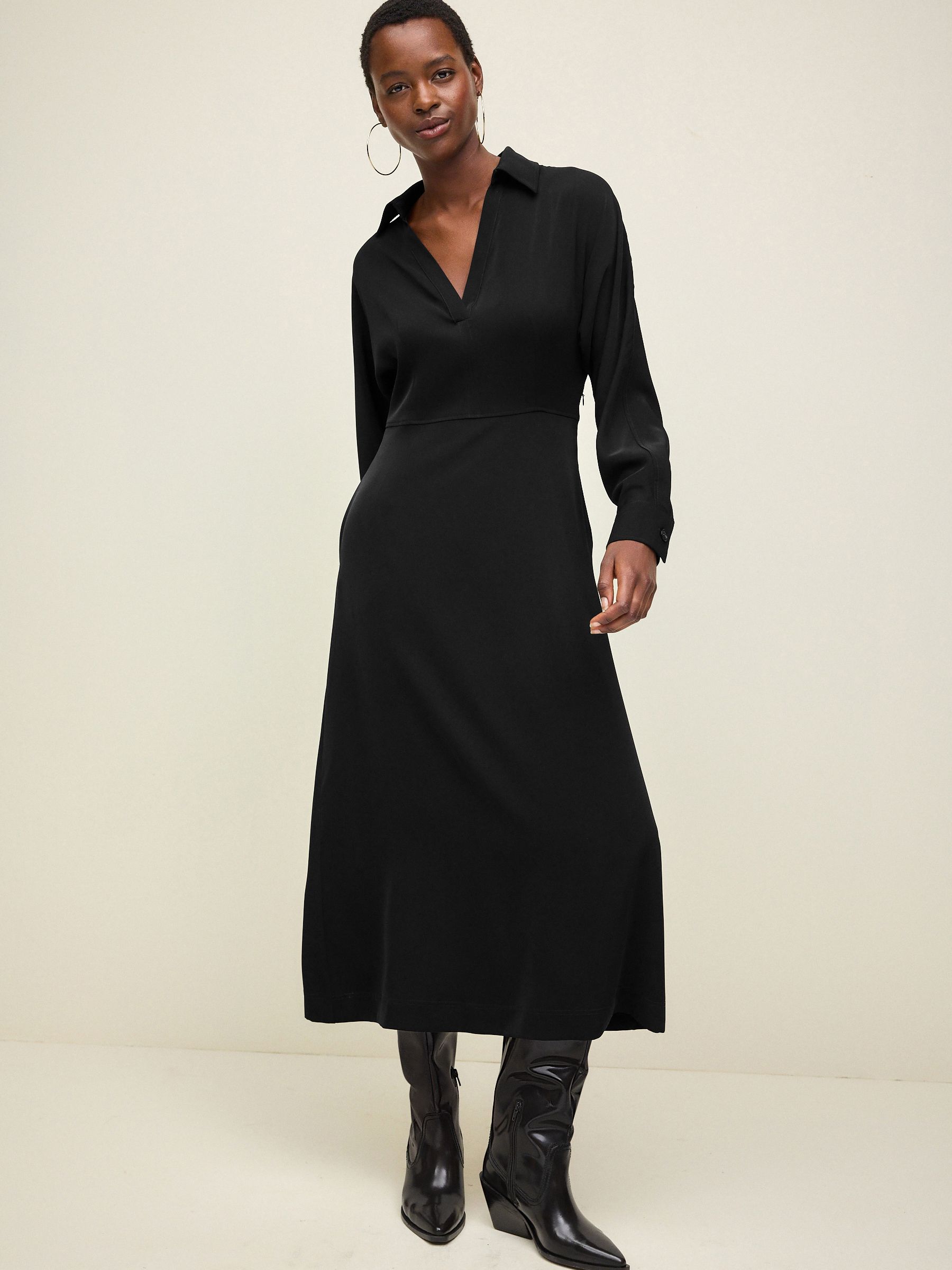 Black Long Sleeve V Neck Midi Dress