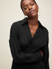 Black Long Sleeve V-Neck Midi Dress - Image 4 of 7