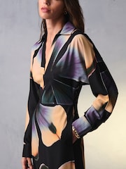 Черный в цветочек - Long Sleeve V-Neck Midi Dress - Image 5 of 7