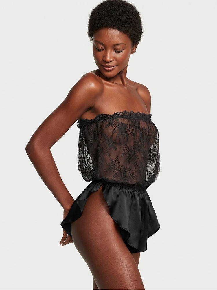 Victoria's Secret Black Archive Lace Strapless High Leg Bodysuit - Image 1 of 1 Victoria's Secret Black Archive Lace Strapless High Leg Bodysuit - Image 1 of 1