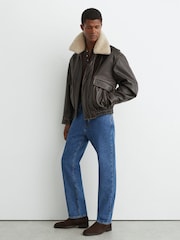 Reiss Brown Mardin Leather Shearling-Collar Aviator Jacket - Image 1 of 9