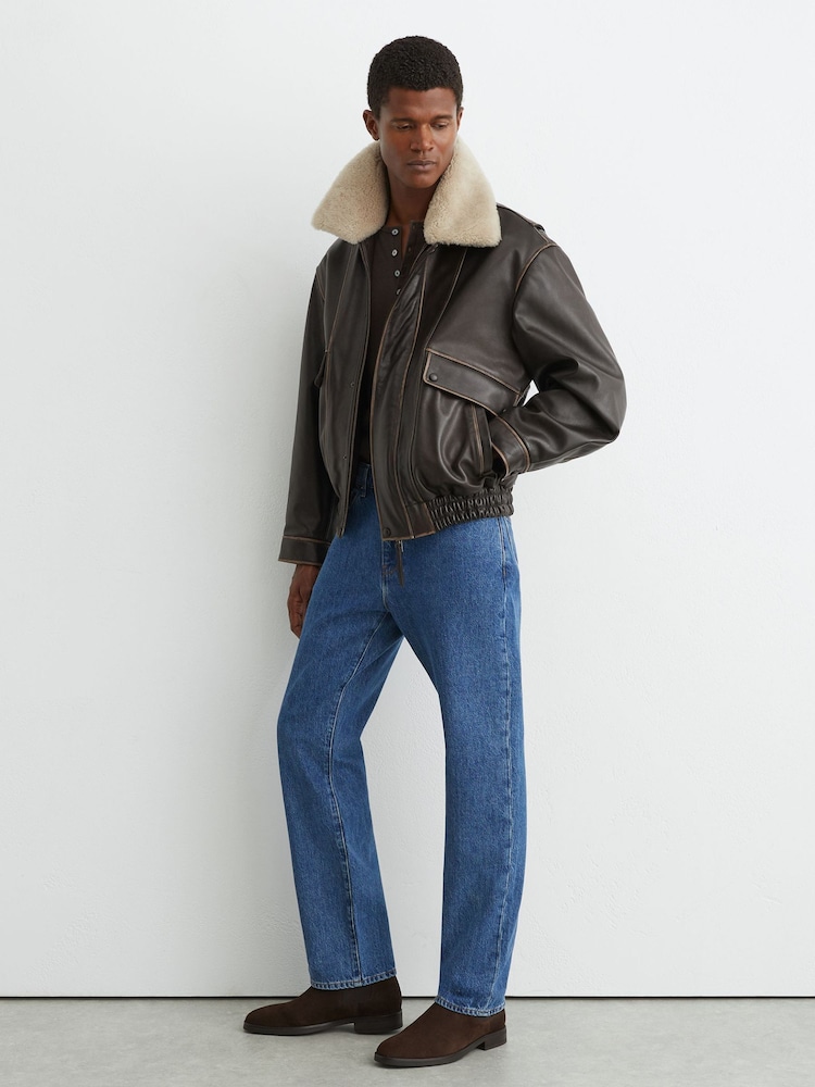 Reiss Brown Mardin Leather Shearling-Collar Aviator Jacket - Image 1 of 9 Reiss Brown Mardin Leather Shearling-Collar Aviator Jacket - Image 1 of 9