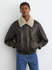 Reiss Brown Mardin Leather Shearling-Collar Aviator Jacket - Image 3 of 9