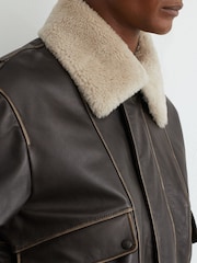 Reiss Brown Mardin Leather Shearling-Collar Aviator Jacket - Image 5 of 9