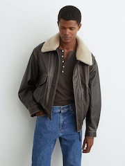 Reiss Brown Mardin Leather Shearling-Collar Aviator Jacket - Image 6 of 9