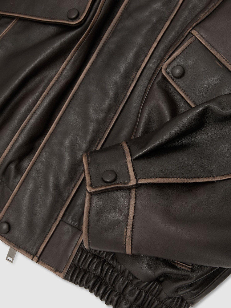 Reiss Brown Mardin Leather Shearling-Collar Aviator Jacket - Image 9 of 9 Reiss Brown Mardin Leather Shearling-Collar Aviator Jacket - Image 9 of 9