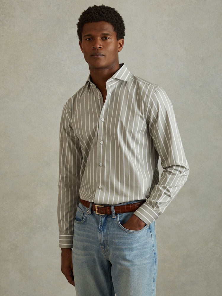 Reiss Sage/White Omar Cotton Striped Cutaway Collar Shirt - Image 1 of 6