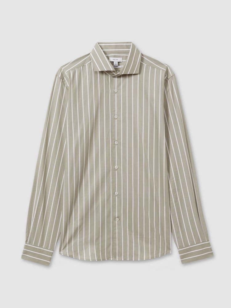Reiss Sage/White Omar Cotton Striped Cutaway Collar Shirt - Image 2 of 6