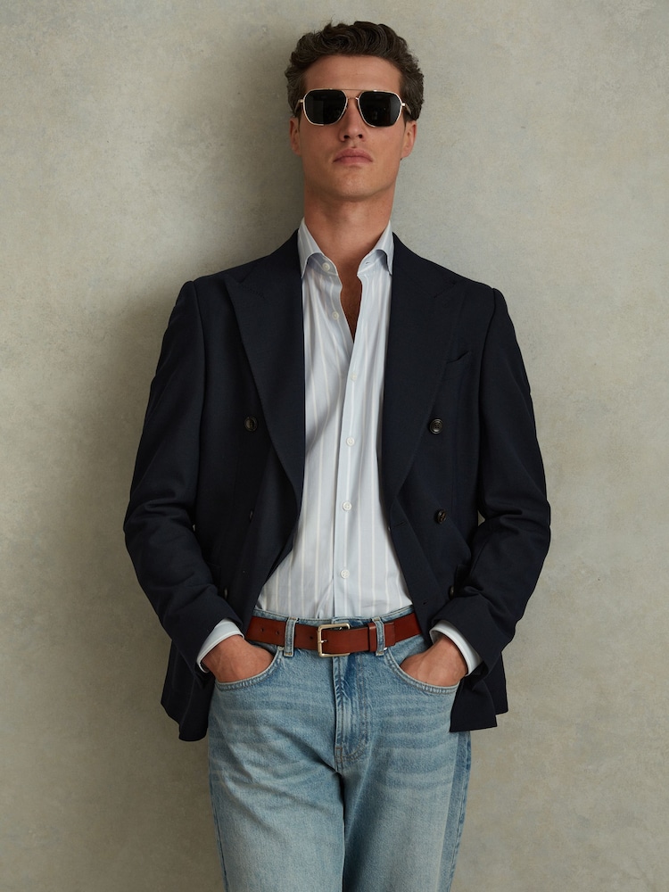 Reiss Blue/White Omar Cotton Striped Cutaway Collar Shirt - Image 1 of 6