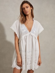 Reiss White Edie Broderie Mini Length Kaftan - Image 1 of 6