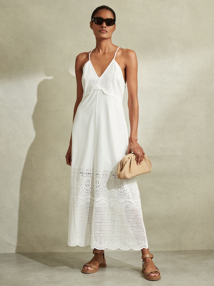 Reiss White Tate Cotton Broderie Maxi Dress - Image 1 of 6