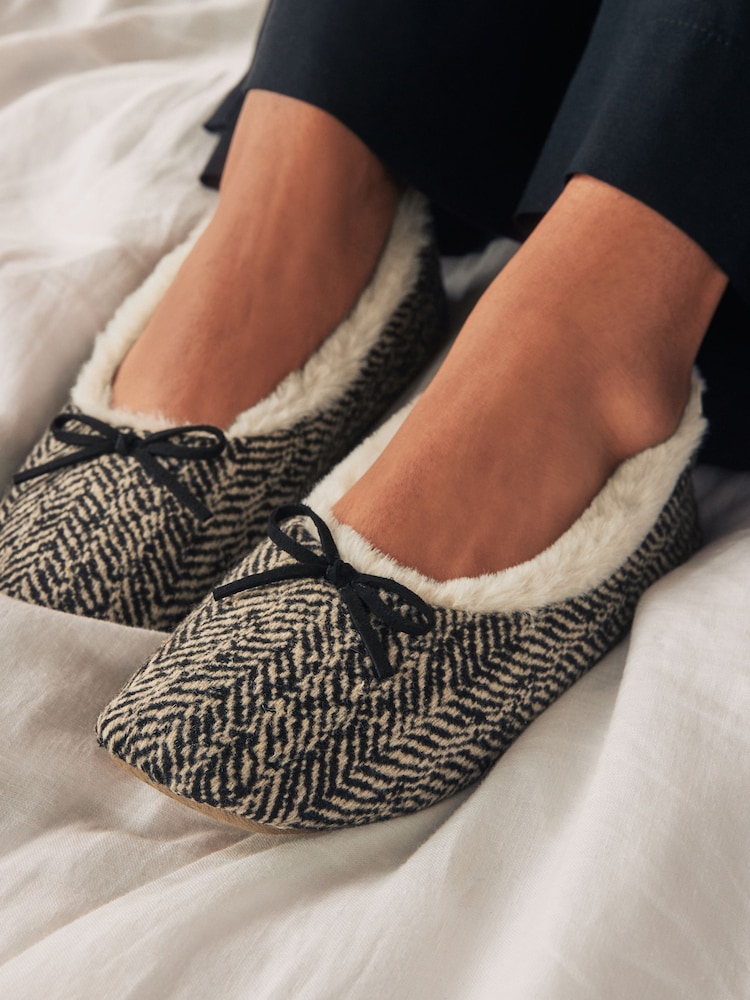 Black/White Zebra Print Faux Fur Lined Ballet Slippers - Image 2 of 8