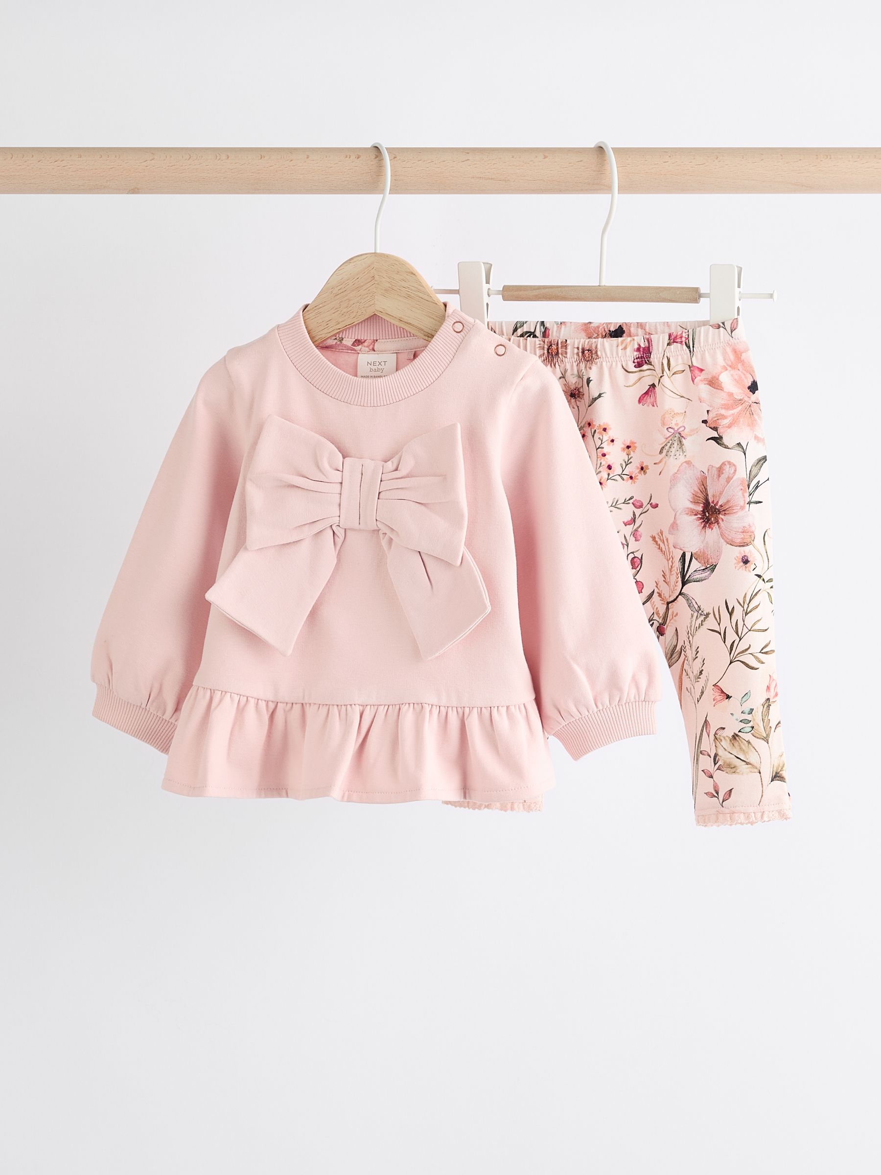 Babyhug Cotton Knit Full Sleeves Top & Lounge Pants Set With Floral Print - Cream & Pink