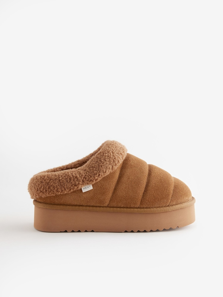 Tan Brown Borg Flatform Shoot Slippers - Image 3 of 6