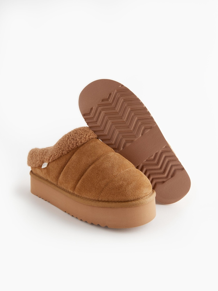Tan Brown Borg Flatform Shoot Slippers - Image 4 of 6