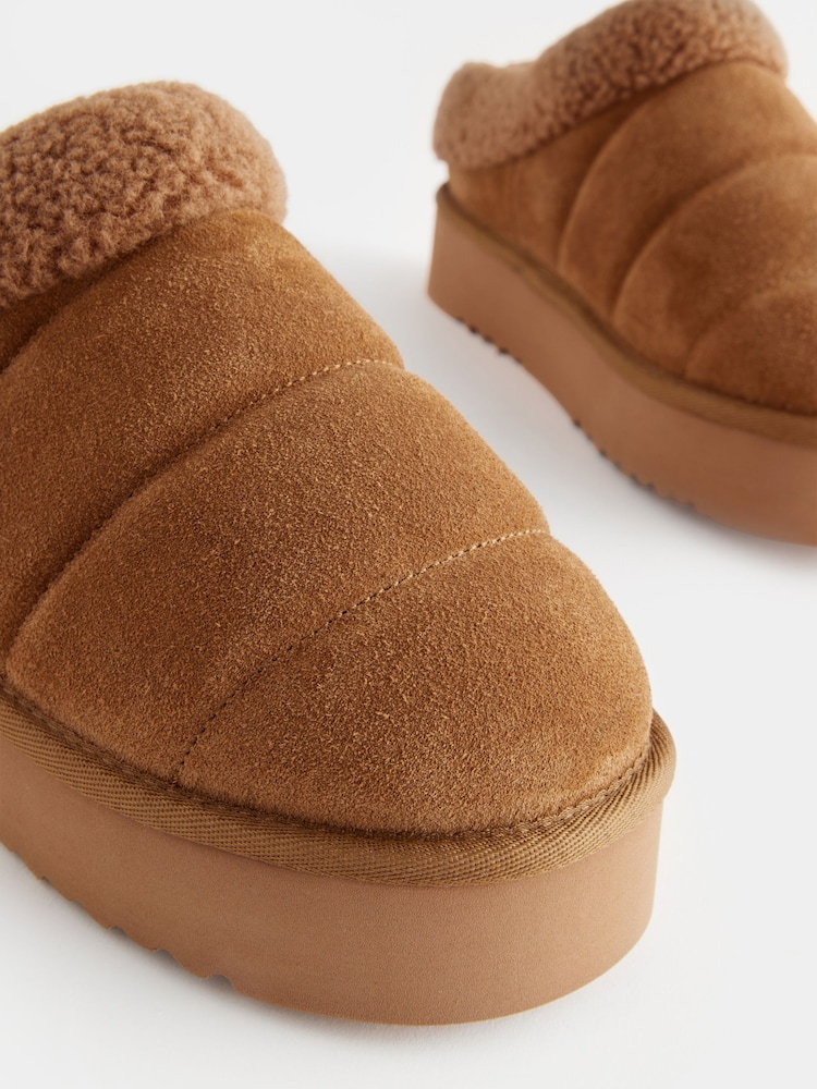 Tan Brown Borg Flatform Shoot Slippers - Image 6 of 6