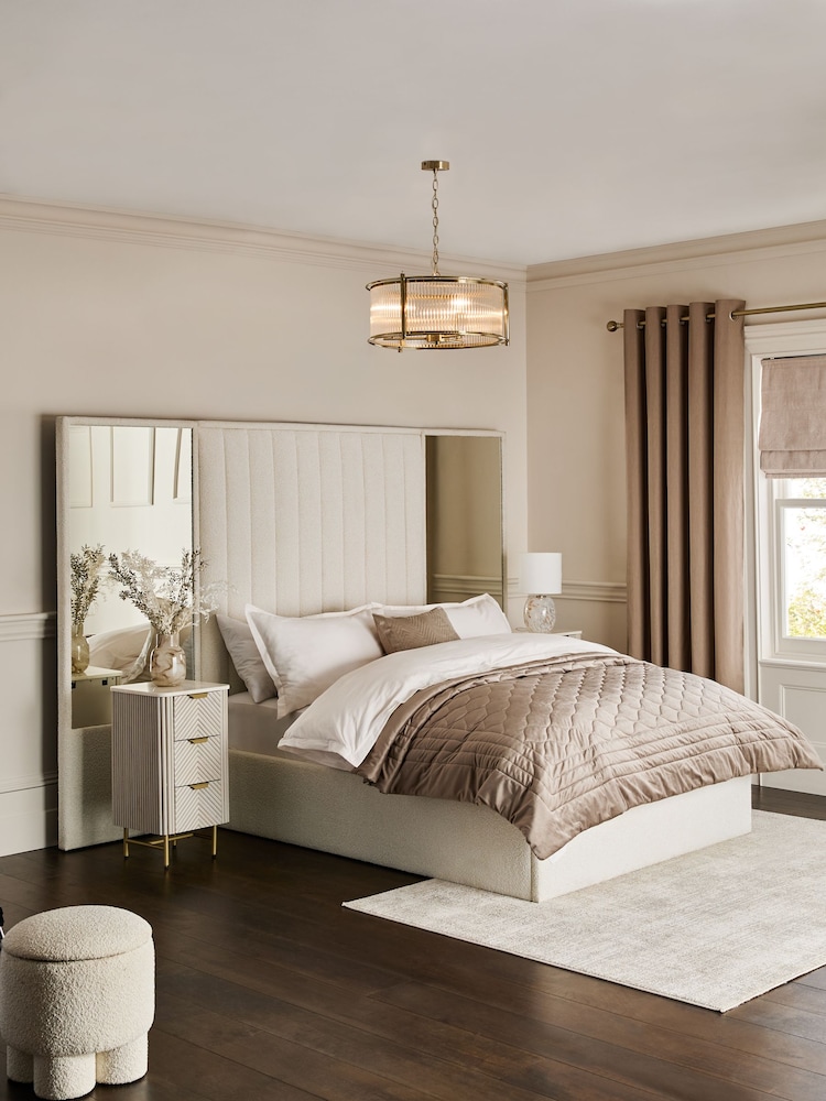 Casual Boucle Natural Oyster Cerys Upholstered Hotel Bed Frame with Ottoman Storage and Mirrors - Image 1 of 11