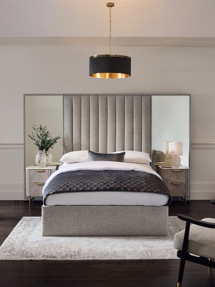 Wool Blend Grey Cerys Upholstered Hotel Bed Frame with Ottoman Storage and Mirrors - Image 1 of 9