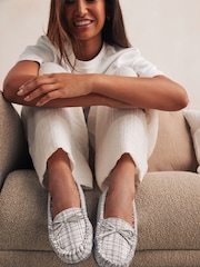 Grey/Silver Check Moccasin Slippers - Image 2 of 10