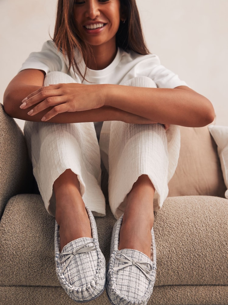 Grey/Silver Check Moccasin Slippers - Image 2 of 10