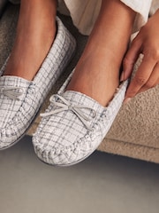 Grey/Silver Check Moccasin Slippers - Image 3 of 10