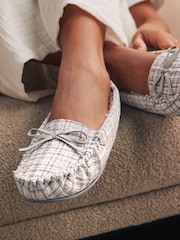 Grey/Silver Check Moccasin Slippers - Image 4 of 10