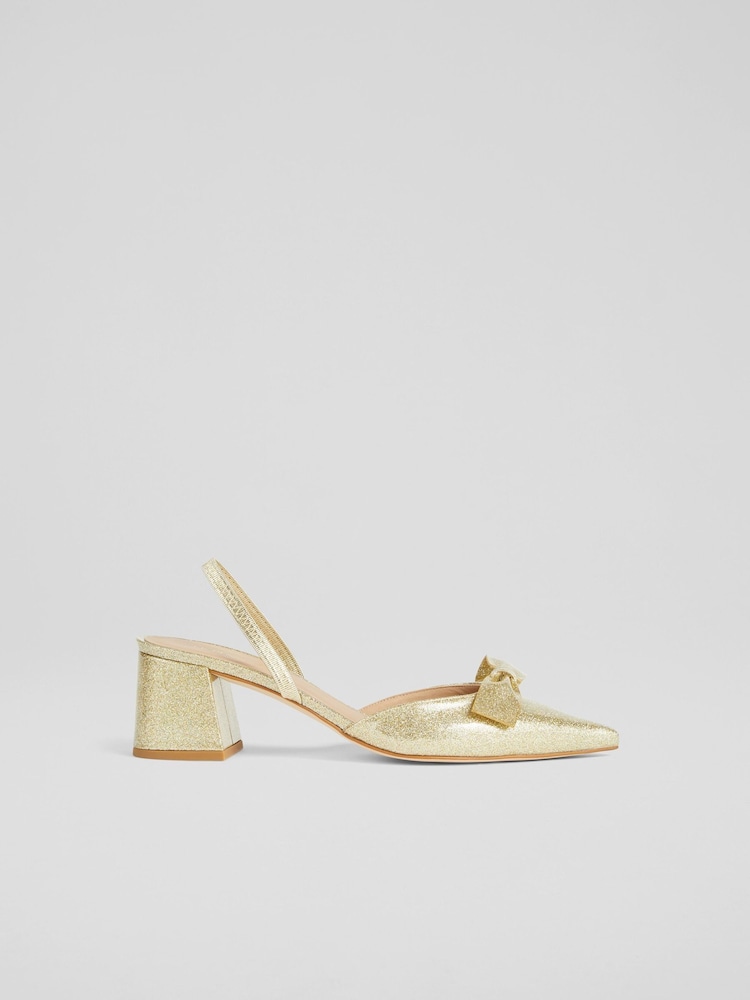 LK Bennett Gold Cadence Glitter Bow Front Slingback Shoes - Image 2 of 5