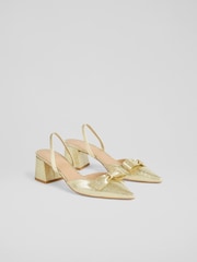 LK Bennett Gold Cadence Glitter Bow Front Slingback Shoes - Image 3 of 5
