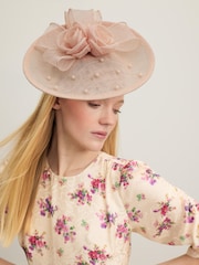 LK Bennett Pink Ayla Mesh Pearl Detail Wide Brim Fascinator Hat - Image 1 of 3