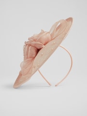 LK Bennett Pink Ayla Mesh Pearl Detail Wide Brim Fascinator Hat - Image 2 of 3