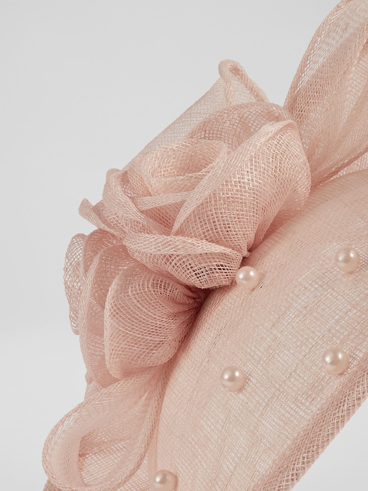 LK Bennett Pink Ayla Mesh Pearl Detail Wide Brim Fascinator Hat - Image 3 of 3