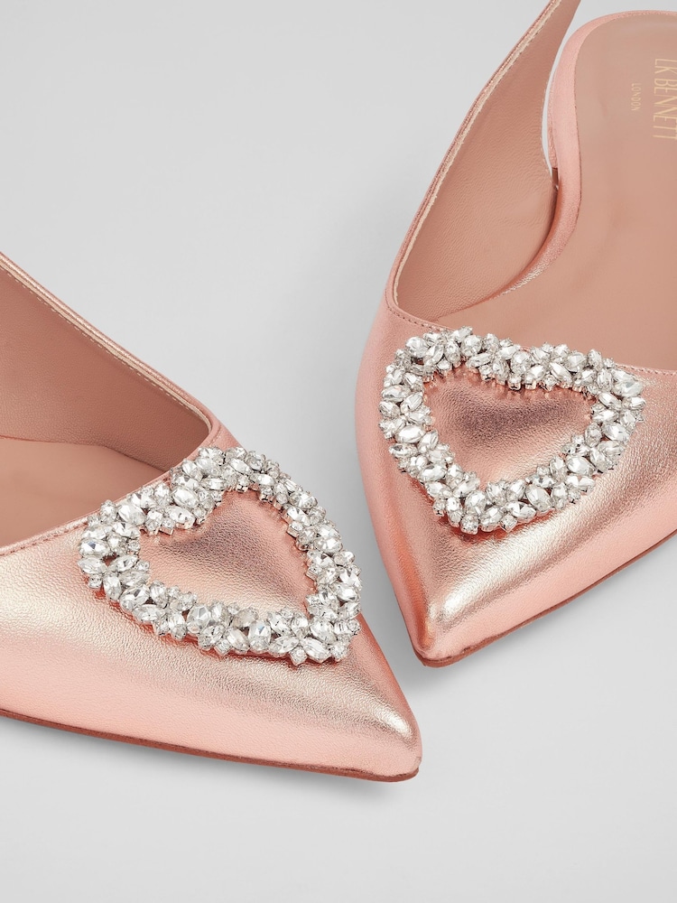 LK Bennett Natural Luana Copper Leather Heart Brooch Slingback Flats - Image 4 of 4