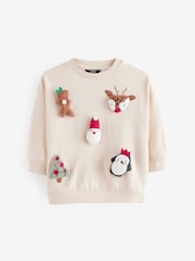Ecru Cream 3D Christmas Crew Neck 100% Cotton Sweatshirt (3mths-7yrs) - Image 1 of 5