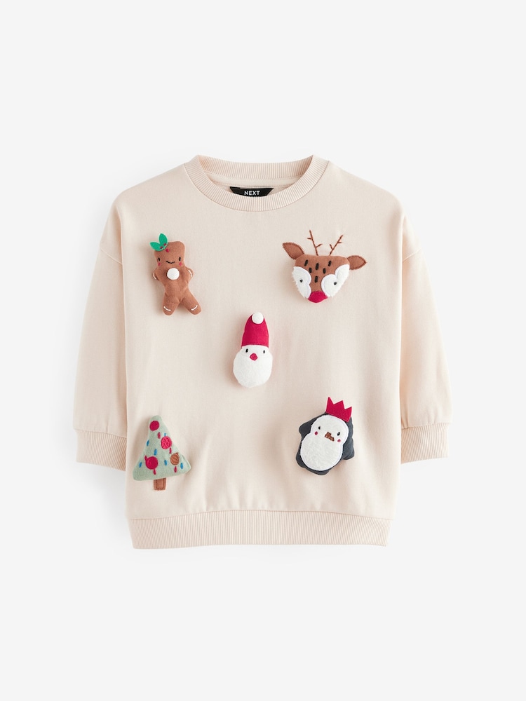 Ecru Cream 3D Christmas Crew Neck 100% Cotton Sweatshirt (3mths-7yrs) - Image 1 of 5