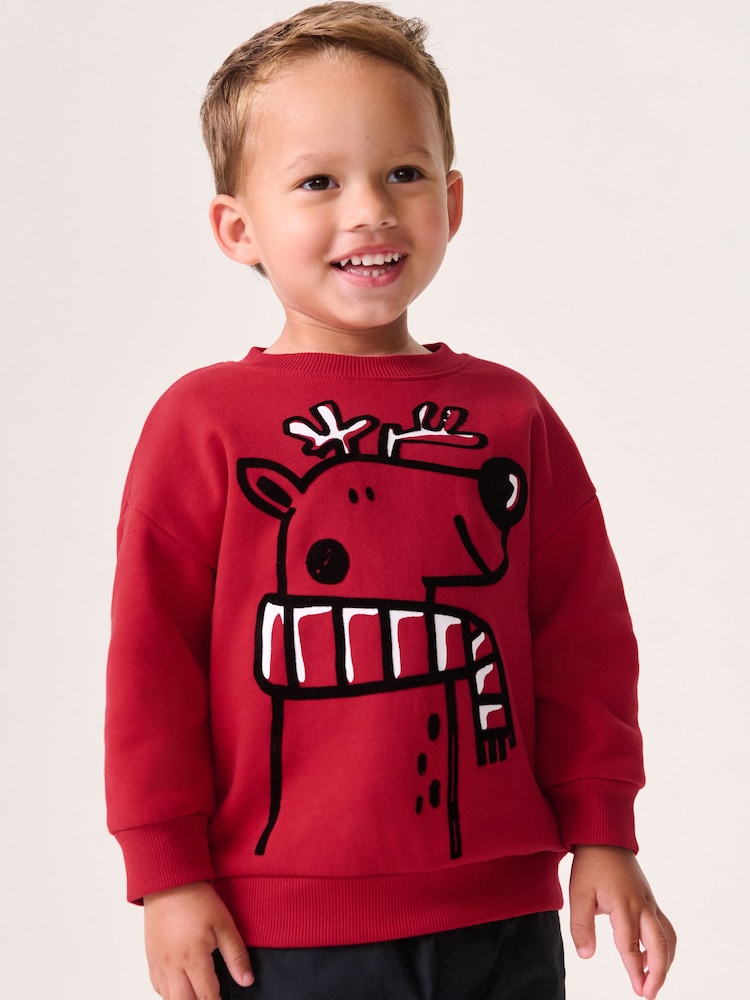 Red Reindeer Christmas Crew Neck 100% Cotton Sweatshirt (3mths-7yrs) - Image 1 of 7