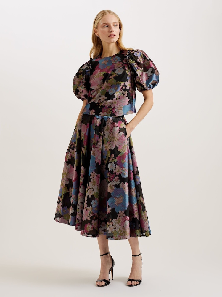 Ted Baker Black Bursan Cropped Top With Puff Sleeve - Image 1 of 6 Ted Baker Black Bursan Cropped Top With Puff Sleeve - Image 1 of 6