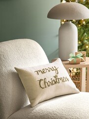 Natural Merry Christmas Sequin Embellished Cushion - Image 1 of 5