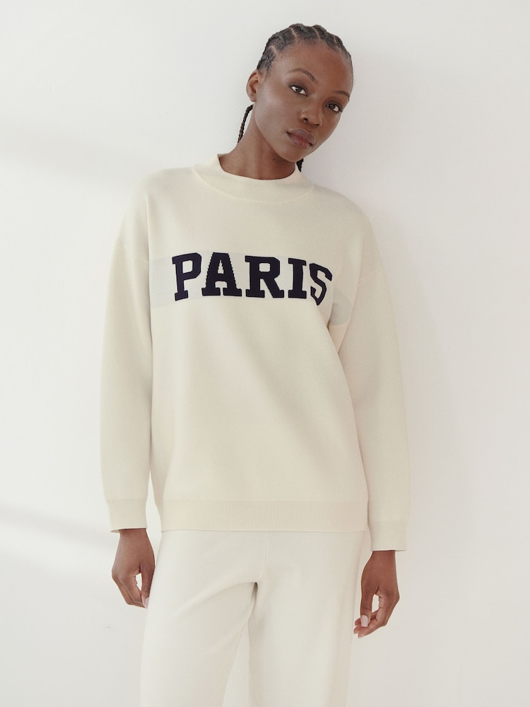 4th & Reckless Cream Avery Paris Slogan Knitted Jumper - Image 1 of 5