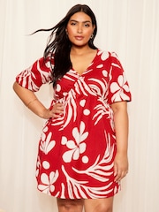 Curves Like These Red Cotton Linen Mix Printed Puff Sleeve Smock Dress - Image 1 of 4