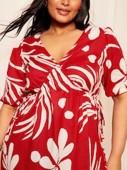 Curves Like These Red Cotton Linen Mix Printed Puff Sleeve Smock Dress - Image 2 of 4