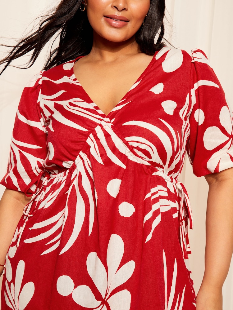 Curves Like These Red Cotton Linen Mix Printed Puff Sleeve Smock Dress - Image 2 of 4