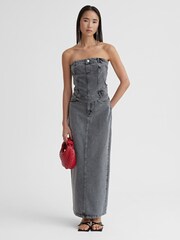 4th & Reckless Grey 100% Cotton Maxine Denim Midaxi Skirt - Image 3 of 4