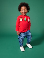 Red Long Sleeve Christmas 100% Cotton T-Shirt (3mths-7yrs) - Image 1 of 7