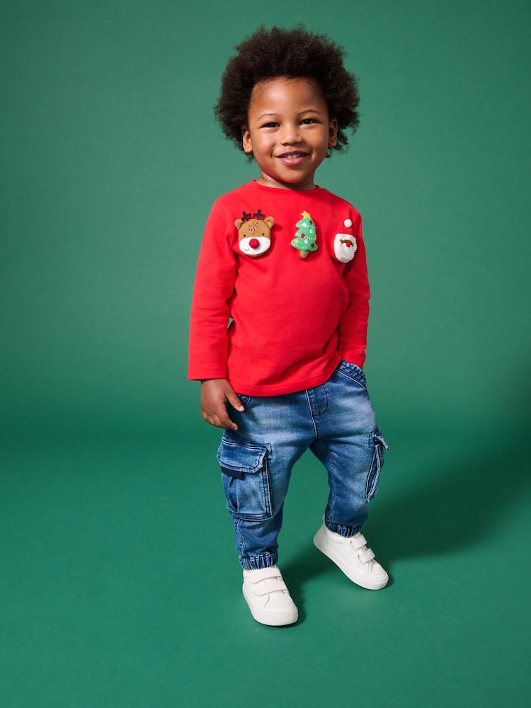 Red Long Sleeve Christmas 100% Cotton T-Shirt (3mths-7yrs) - Image 1 of 7