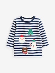 Navy Blue/White Long Sleeve Christmas 100% Cotton T-Shirt (3mths-7yrs) - Image 1 of 3
