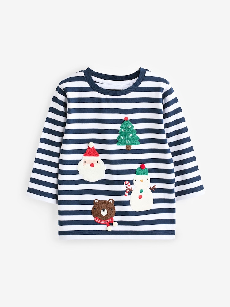Navy Blue/White Long Sleeve Christmas 100% Cotton T-Shirt (3mths-7yrs) - Image 1 of 3
