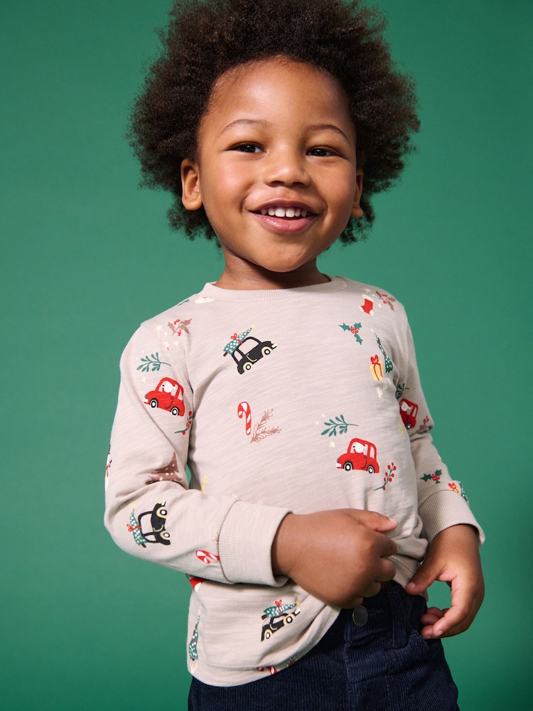 Natural Long Sleeve Christmas 100% Cotton T-Shirt (3mths-7yrs) - Image 1 of 8