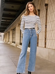 Friends Like These Blue Stripe Petite 3/4 Sleeve Ribbed Boat Neck Jersey T-Shirt - Image 2 of 4